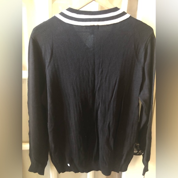White Stag V neck tennis sweater in black with white stripes on collar - Picture 3 of 4